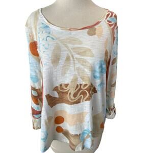 1 (Med) Chico's Earth Tone Leaf Pattern Shirt Blouse Roll-Tab Sleeves